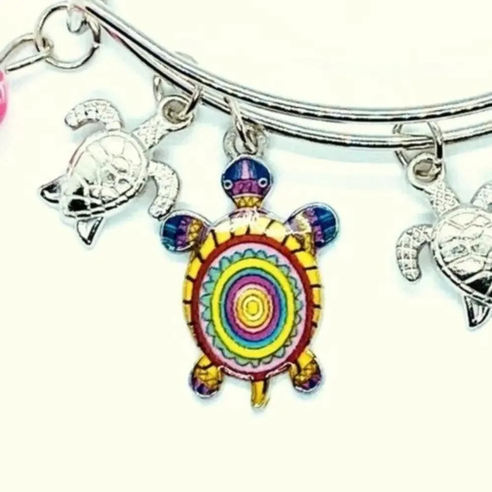 Beaded Sea Turtle Charm Colorful Bangle Bracelet